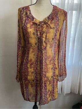 Sheer Floral Tie-Neck Swim Coverup in Mustard & Purple